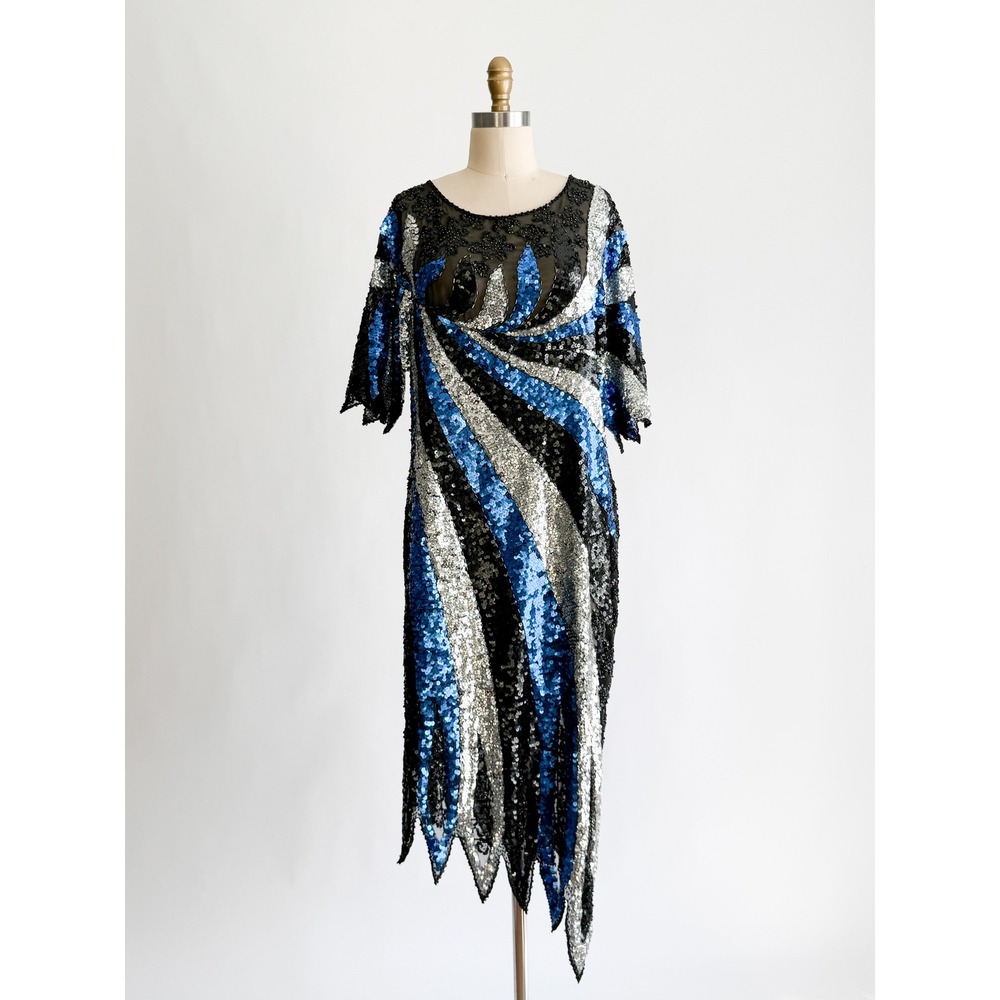 Iris Vintage Sequin Gown Sunburst Asymmetrical Sharkbite Blue Silver Black L